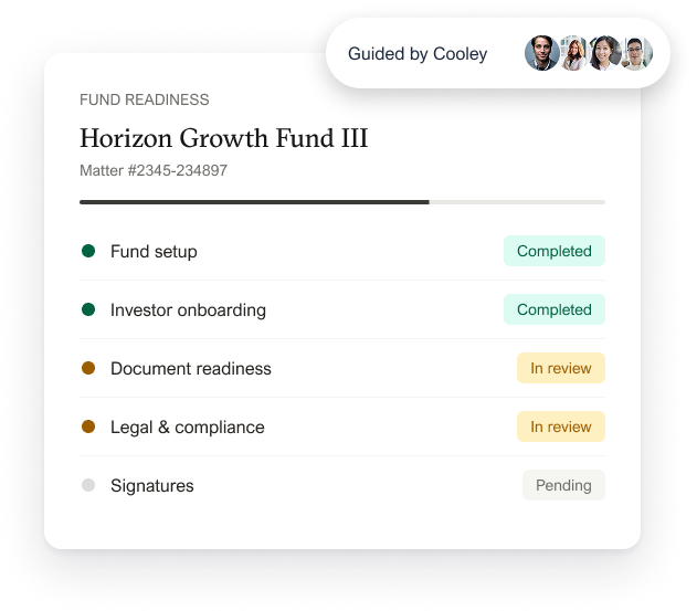 Vanilla fund-readiness dashboard showing the Horizon Growth Fund III matter with step statuses, guided by Cooley.